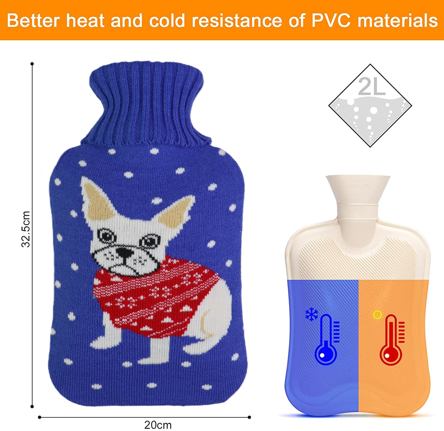 Cozy Nights Hot Water Bottle with Cute Puppy Knitted Cover for Kids, 2L
