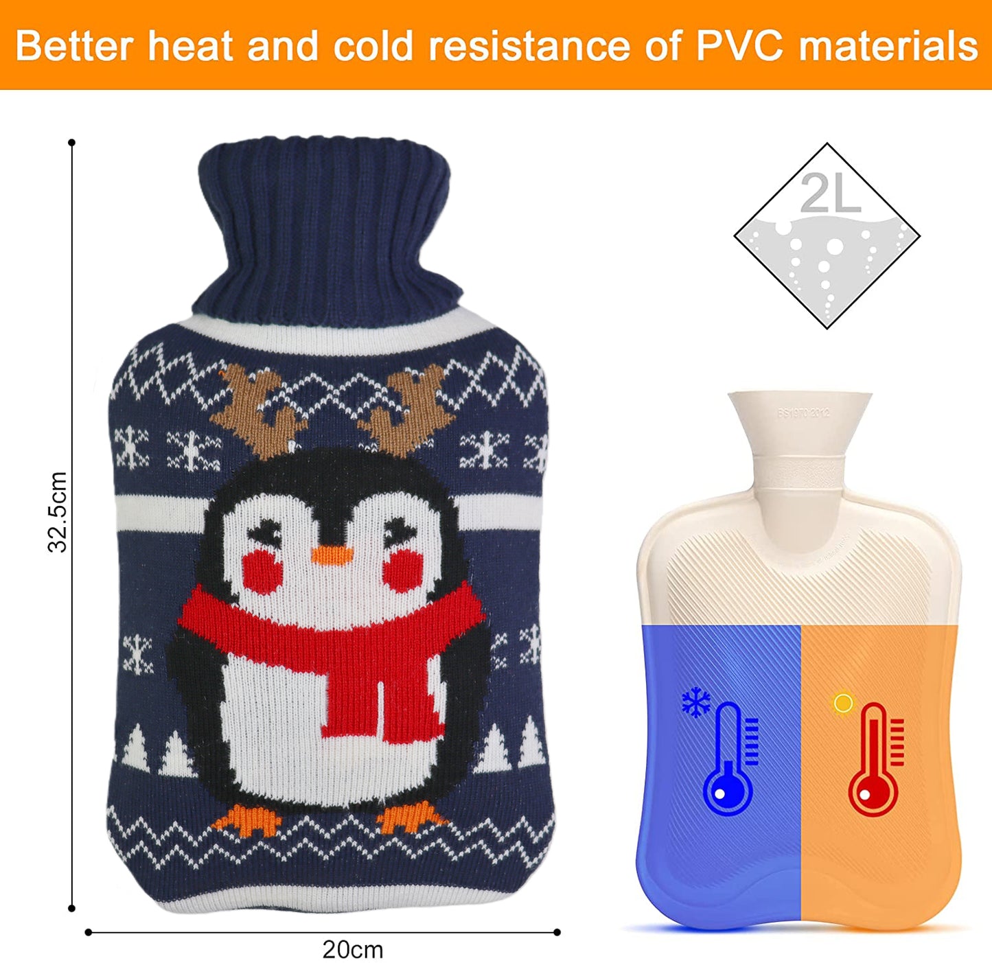Cozy Nights Hot Water Bottle with Cute Penguin Knitted Cover for Kids, 2L
