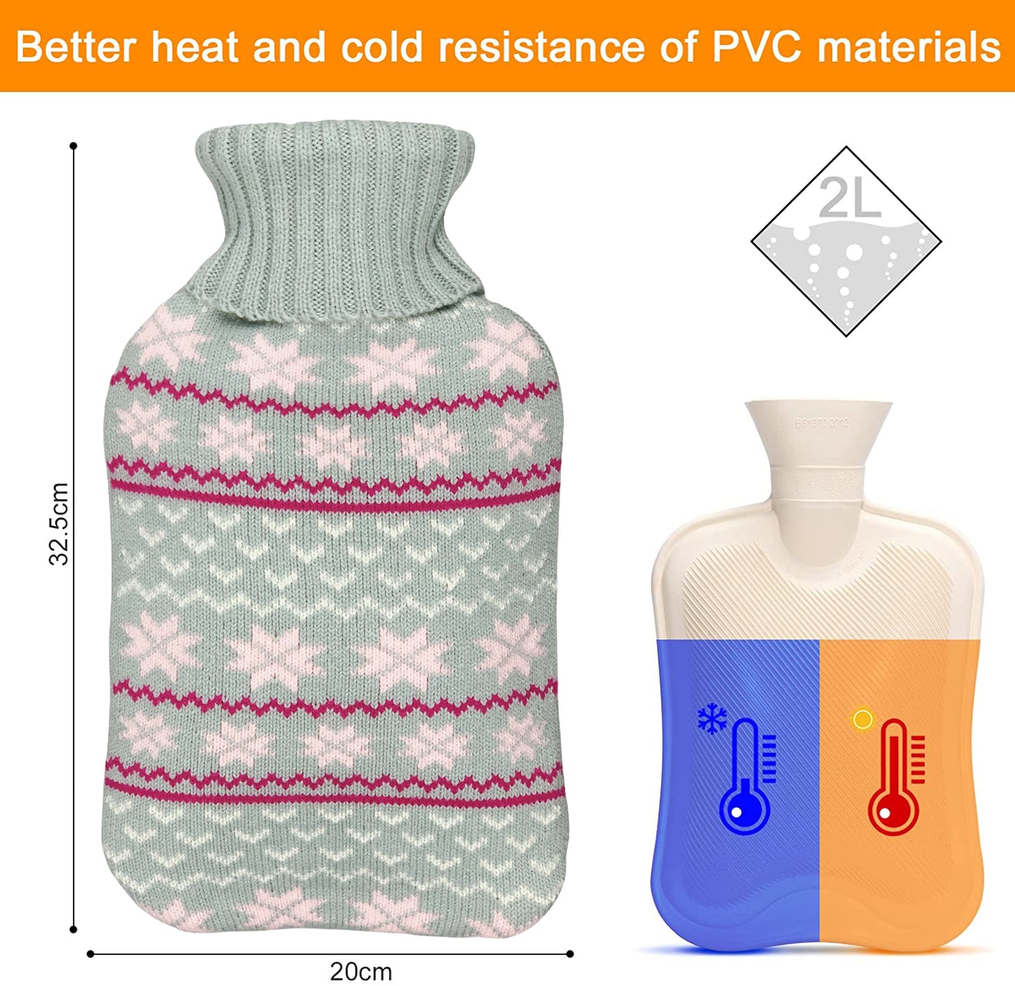 2L Hot Water Bottle with Classic Snowflake Knit Cover