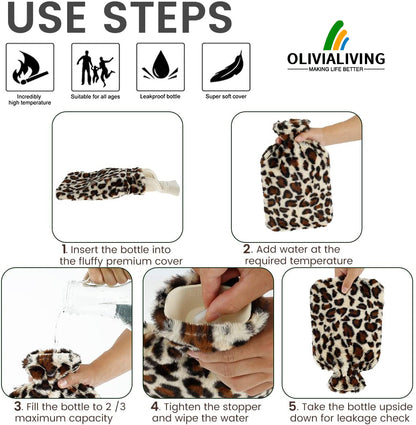 2L Hot Water Bottle with Plush Leopard Cover