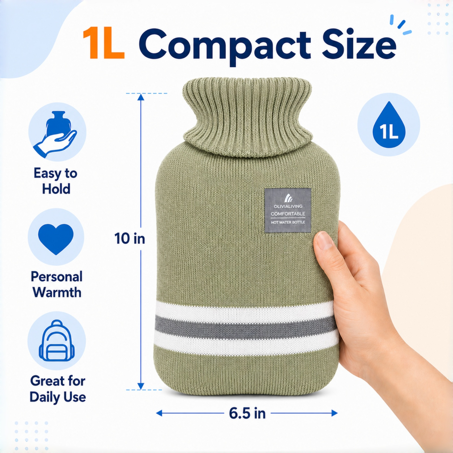 1L Hot Water Bottle with Striped Knit Cover – Compact PVC Hot Water Bag for Everyday Warmth & Comfort
