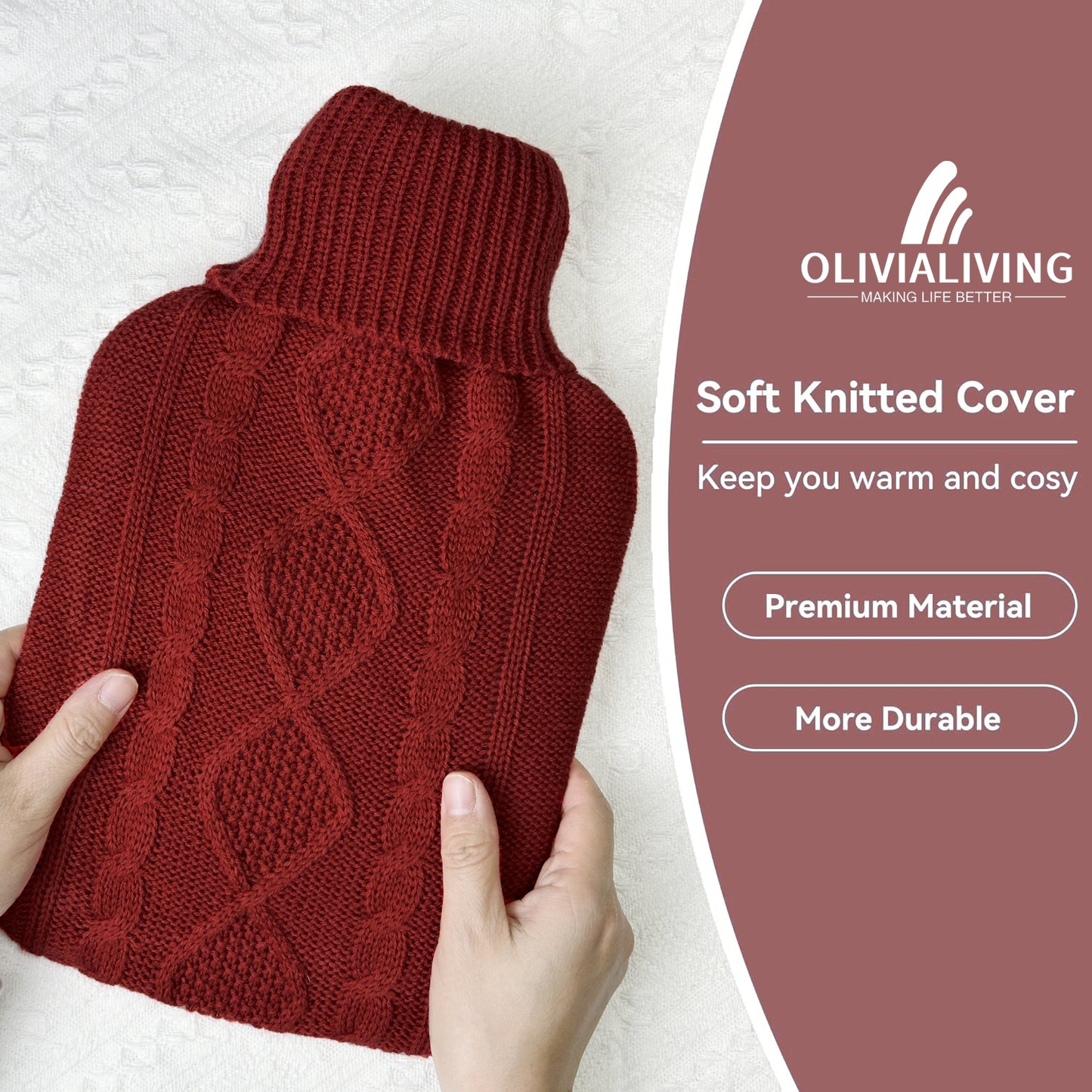 OliviaLiving Classic Knitted Cover Hot Water Bottle for Winter Nights, 2L