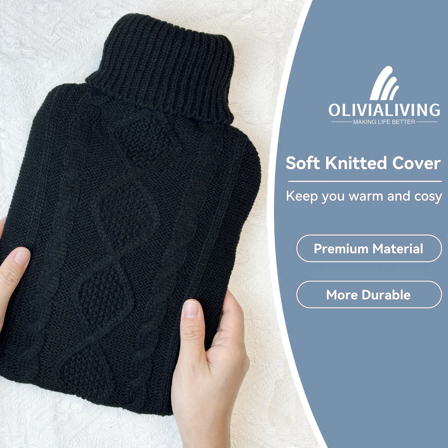 OliviaLiving Classic Knitted Cover Hot Water Bottle for Winter Nights, 2L