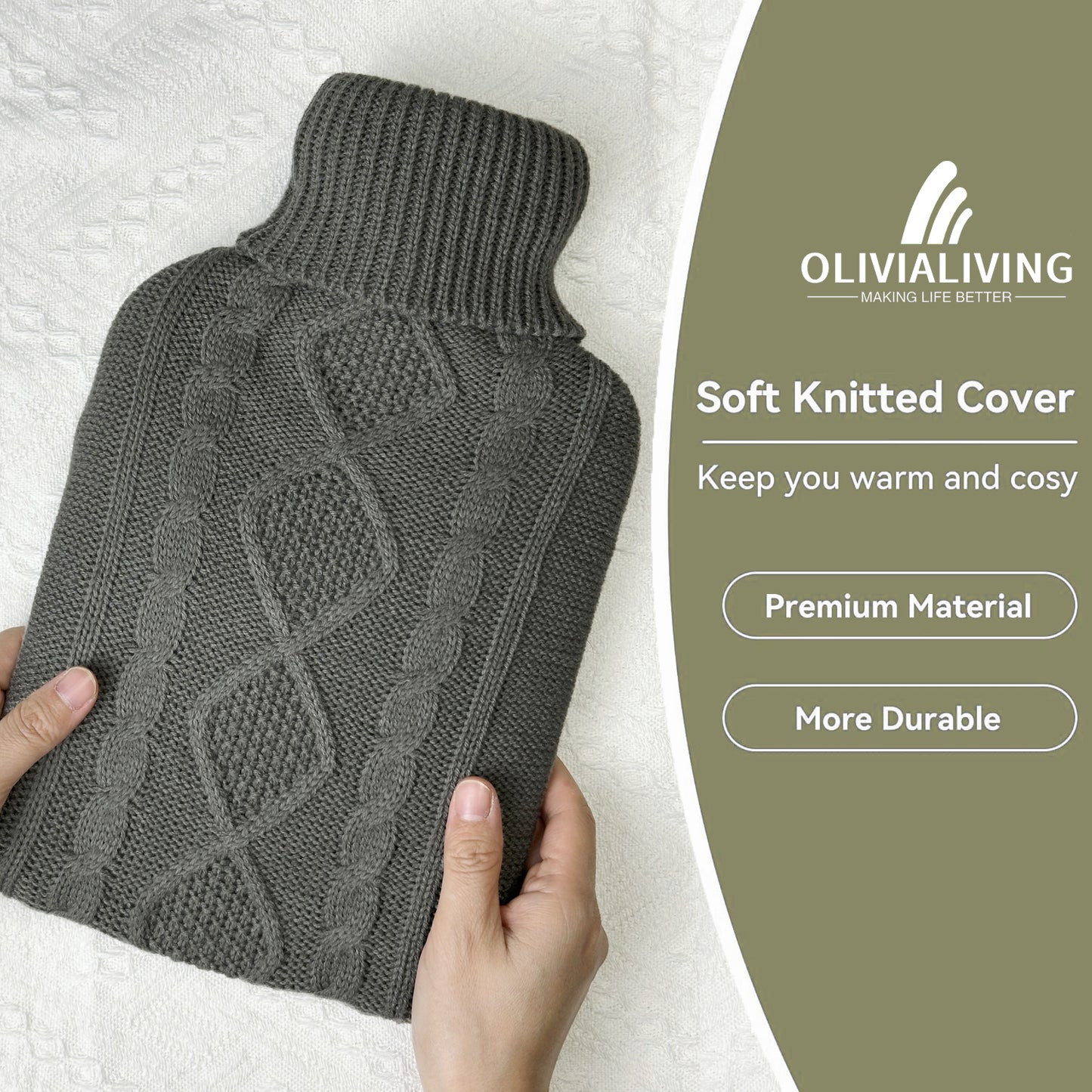 OliviaLiving Classic Knitted Cover Hot Water Bottle for Winter Nights, 2L