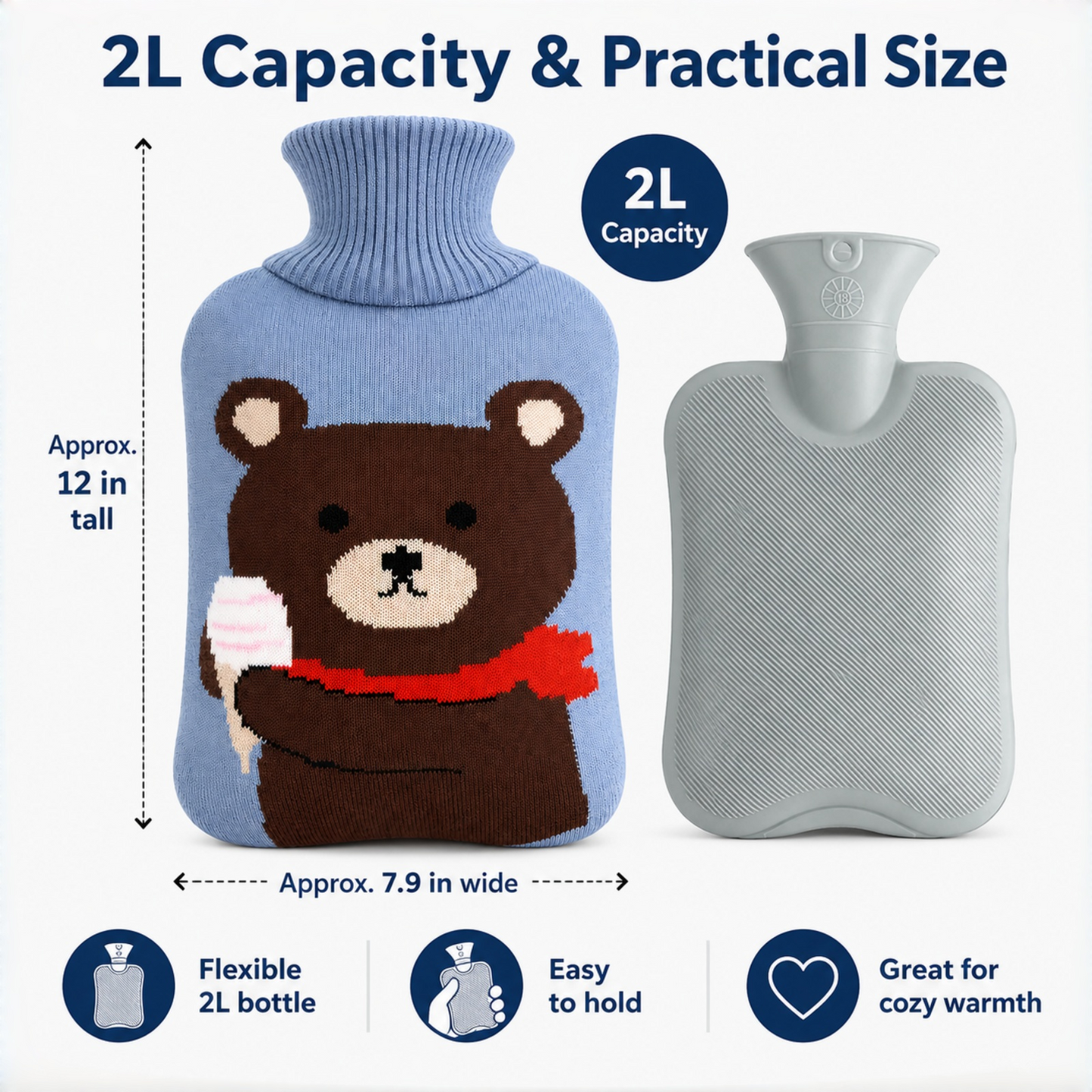 2L Hot Water Bottle with Bear Knit Cover