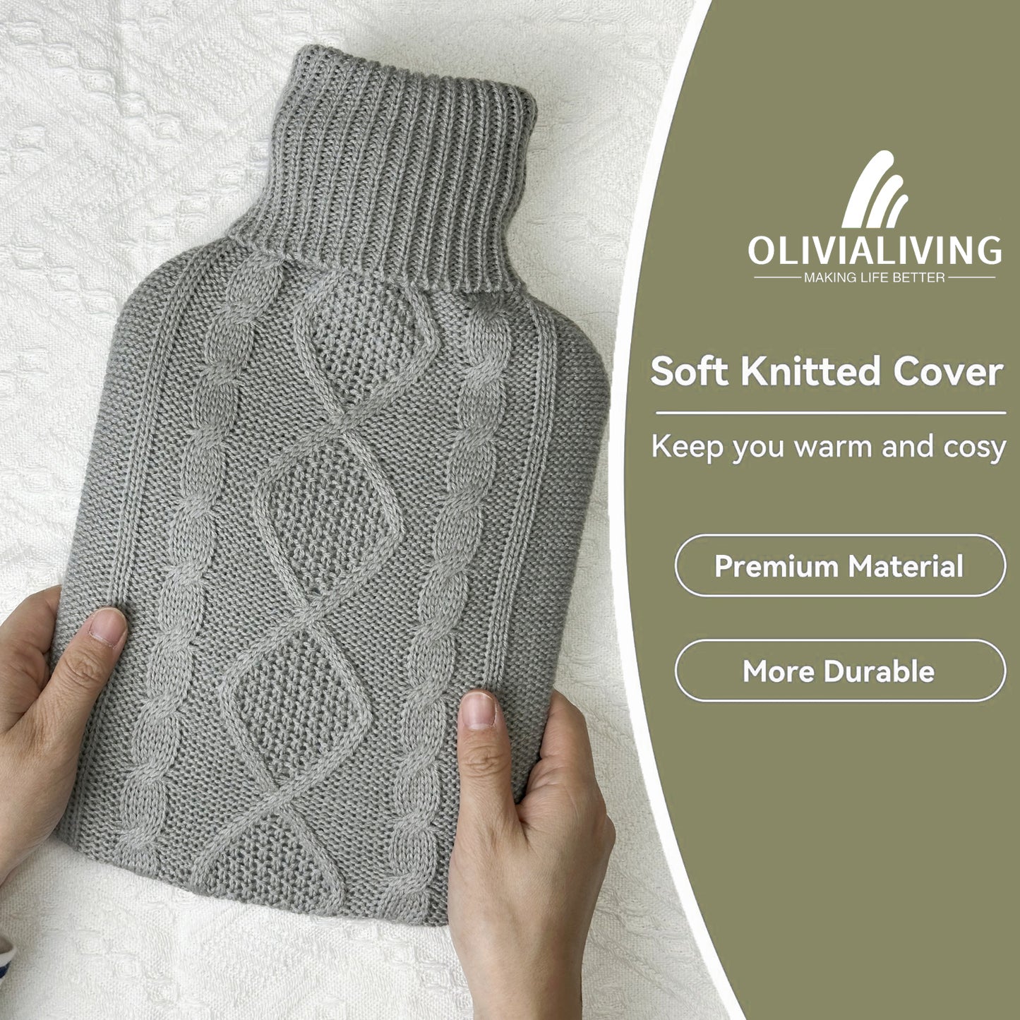 OliviaLiving Classic Knitted Cover Hot Water Bottle for Winter Nights, 2L