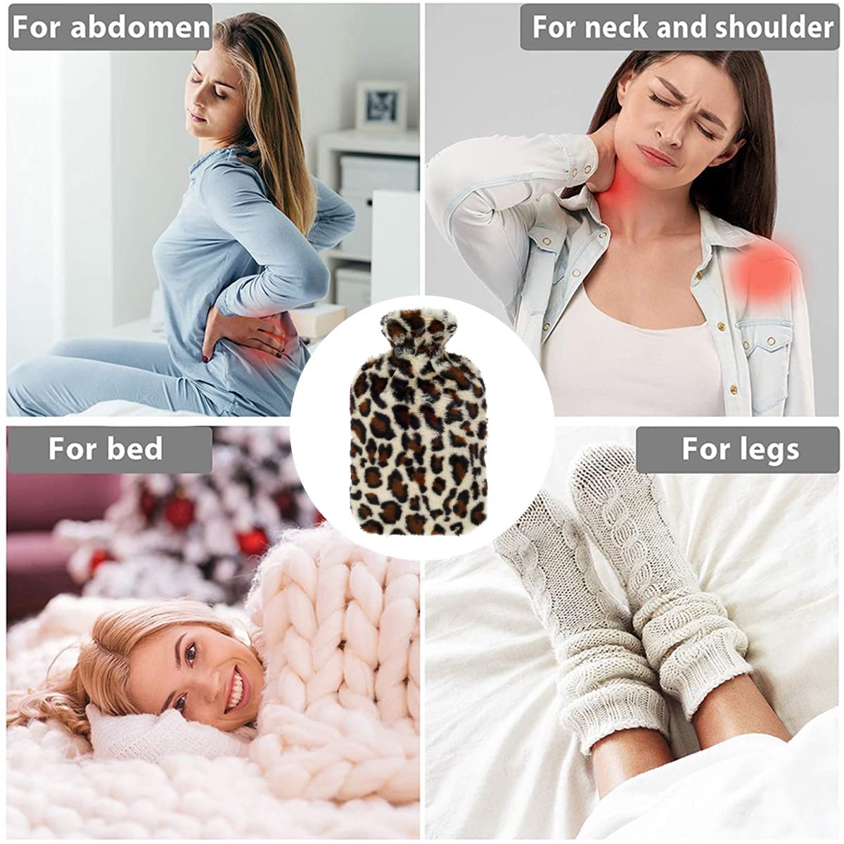 OliviaLiving Premium Hot Water Bottle with Plush Leopard Print Cover, 2L