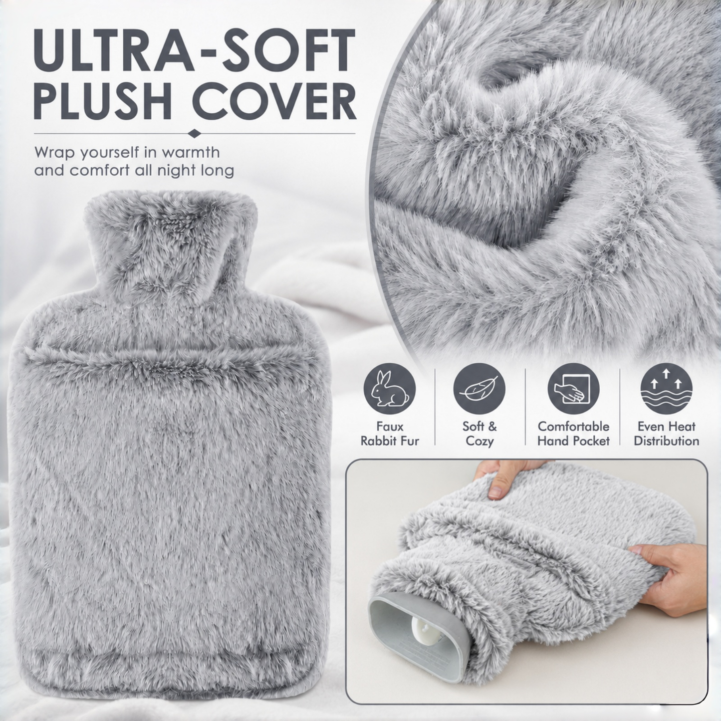 2L Hot Water Bottle with Hand Pocket & Soft Plush Cover