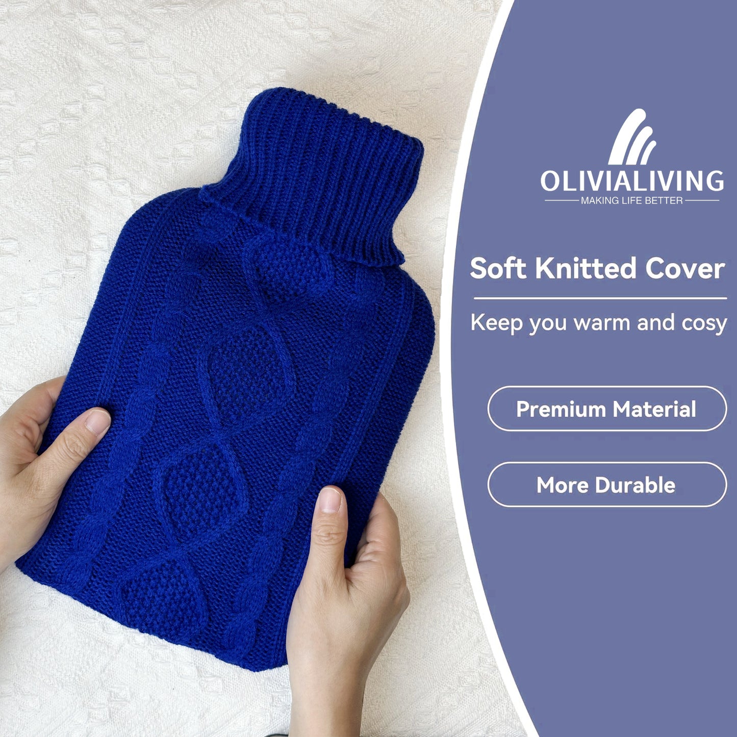 OliviaLiving Classic Knitted Cover Hot Water Bottle for Winter Nights, 2L