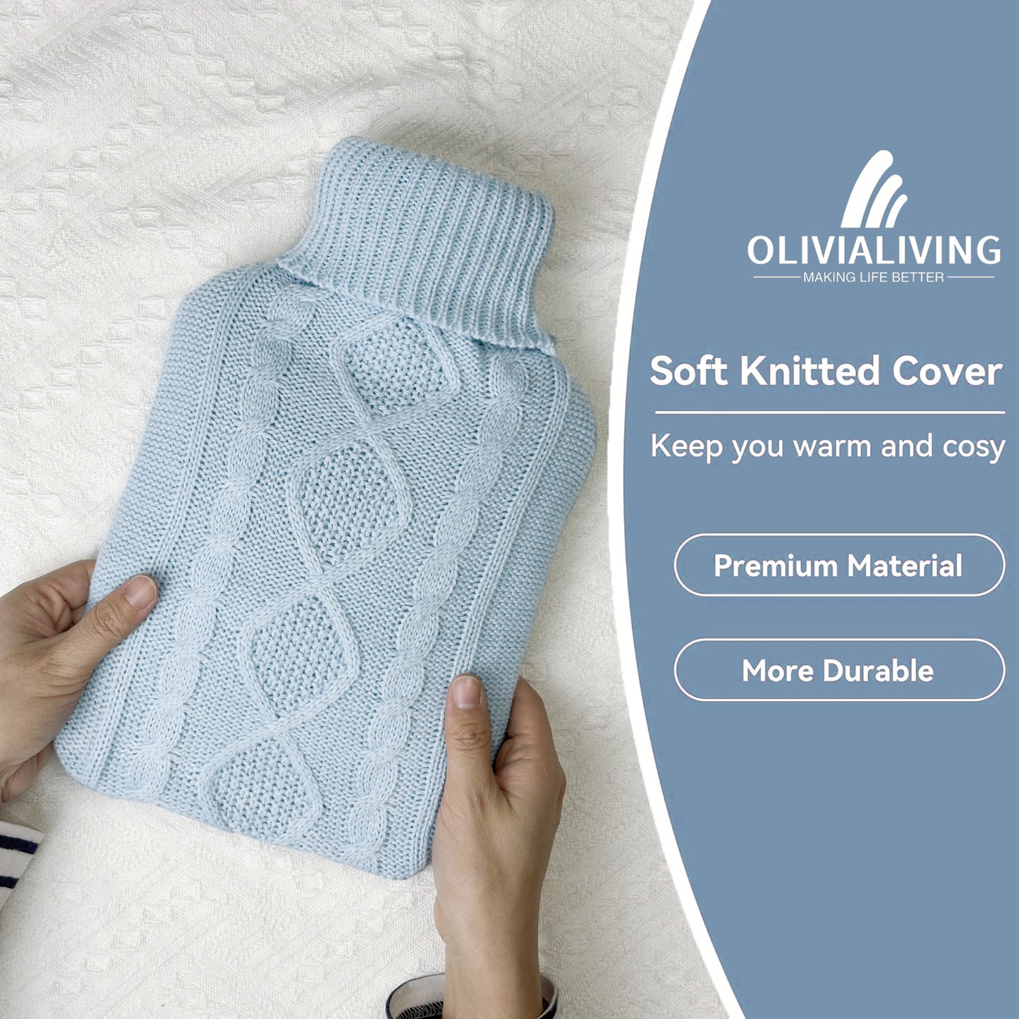 OliviaLiving Classic Knitted Cover Hot Water Bottle for Winter Nights, 2L