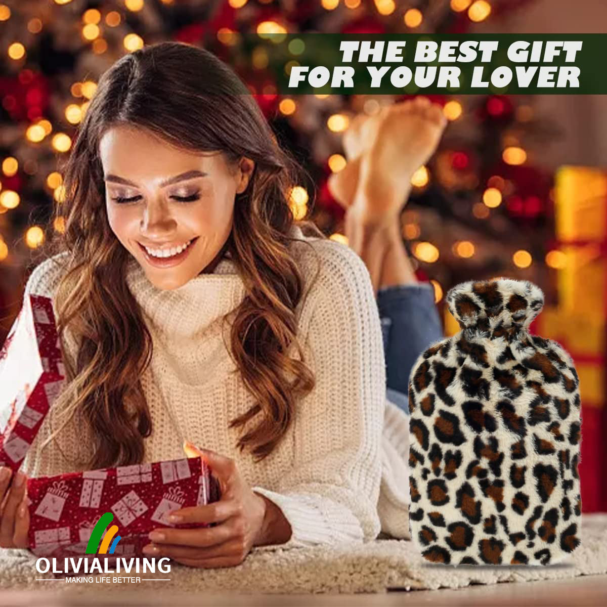 OliviaLiving Premium Hot Water Bottle with Plush Leopard Print Cover, 2L