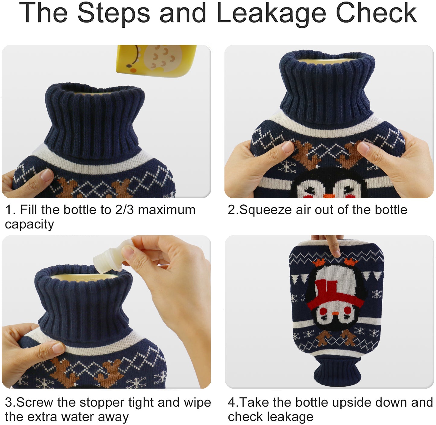 Cozy Nights Hot Water Bottle with Cute Penguin Knitted Cover for Kids, 2L