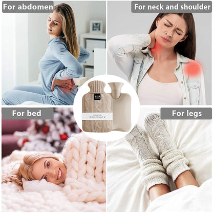 Bouillotte grande capacité avec housse en tricot pour crampes menstruelles et maux de dos, 2 L
