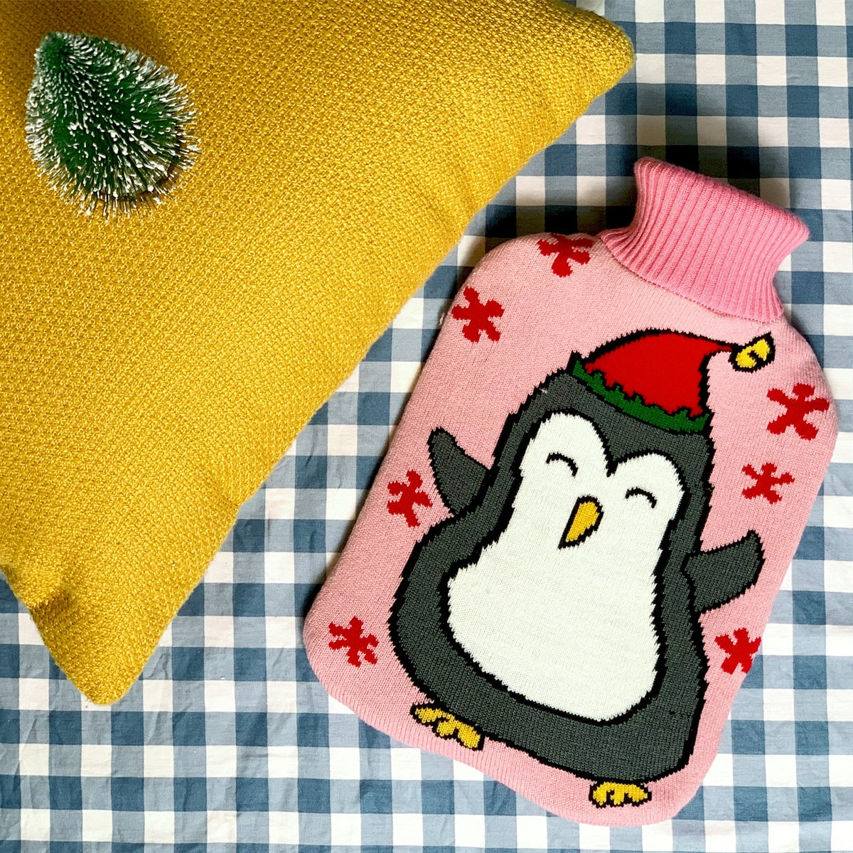 2L Hot Water Bottle with Christmas Penguin Knit Cover