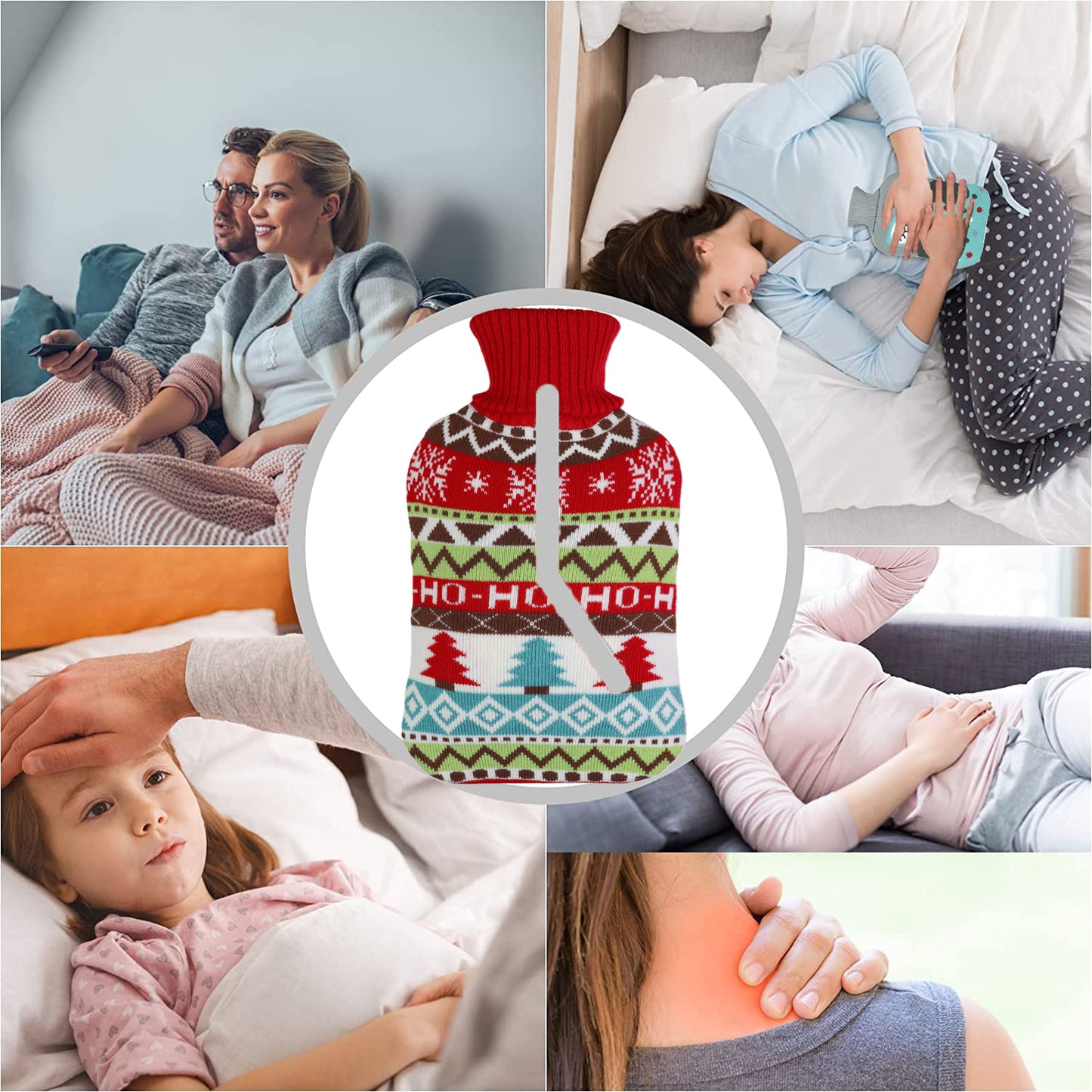 Christmas Hot Water Bottle with Knit Cover, Winter Gift for Warmth & Pain Relief - OliviaLiving