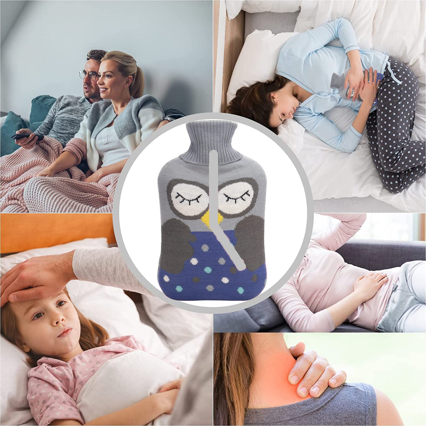 2L Hot Water Bottle with Knit Owl Cover