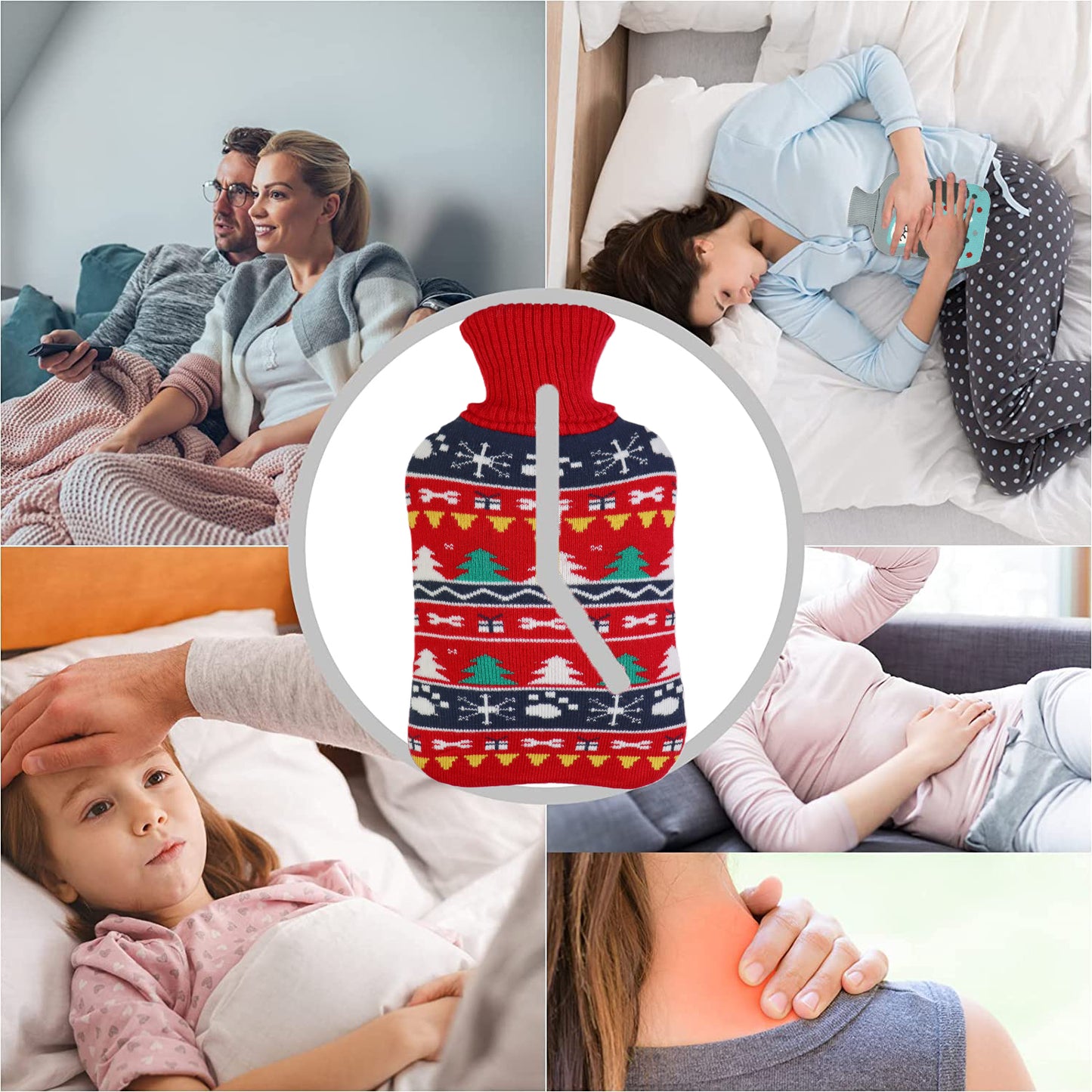 Christmas Hot Water Bottle with Knit Cover, Winter Gift for Warmth & Pain Relief - OliviaLiving