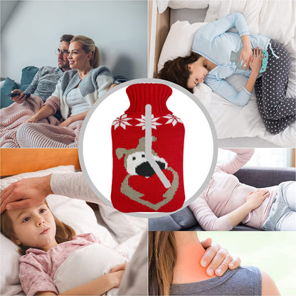 2L Hot Water Bottle with Red Puppy Knit Cover
