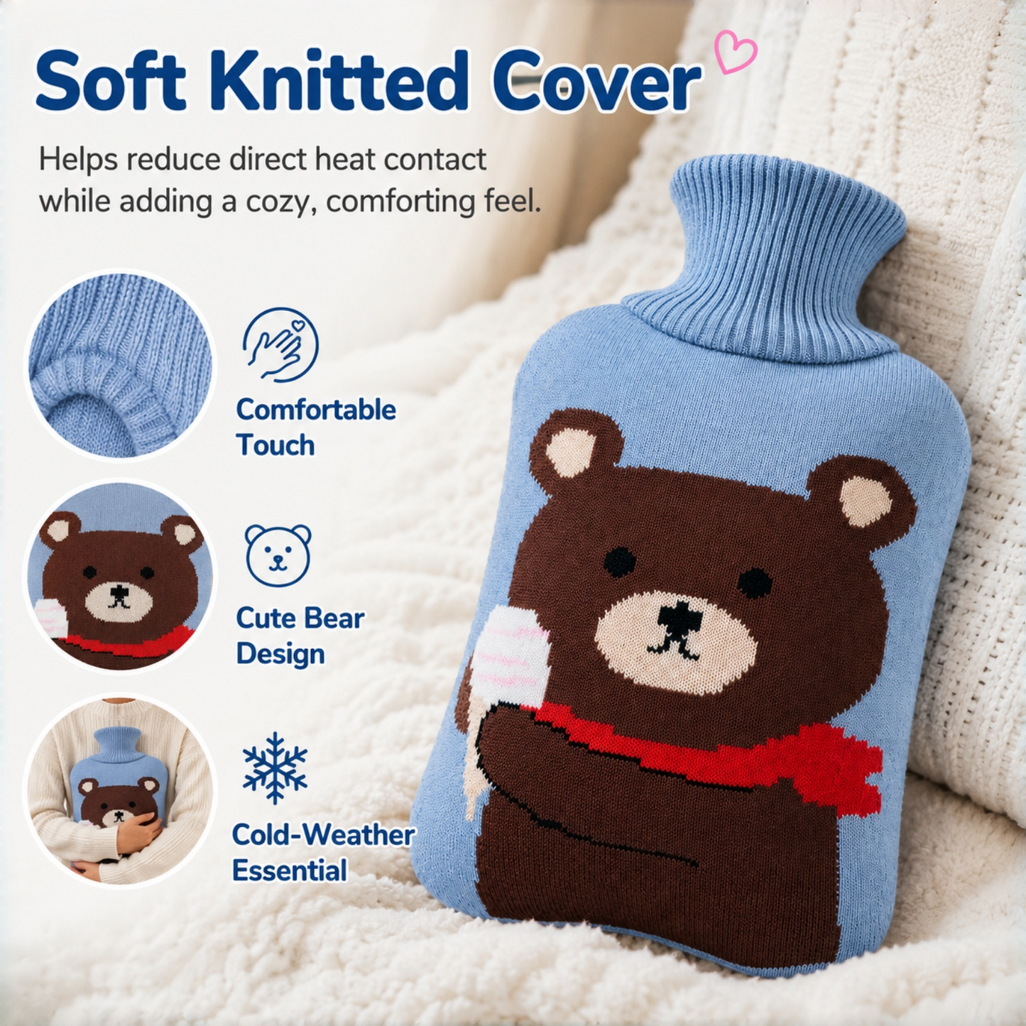 2L Hot Water Bottle with Bear Knit Cover