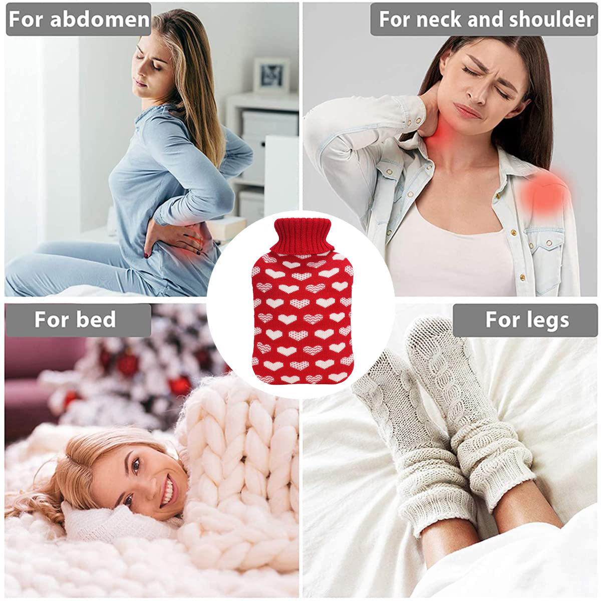 OliviaLiving Hot Water Bottle with Love Pattern Cover for Pain Relief, 2L