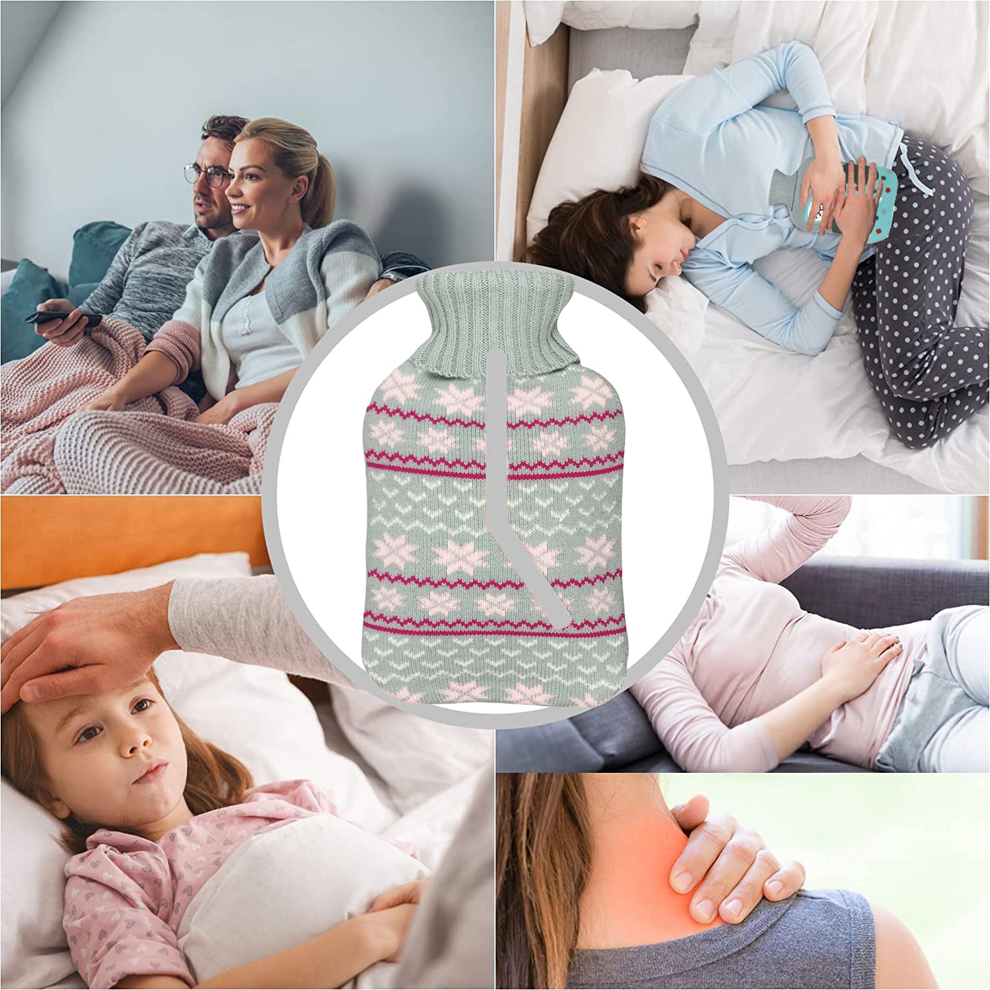 2L Hot Water Bottle with Classic Snowflake Knit Cover