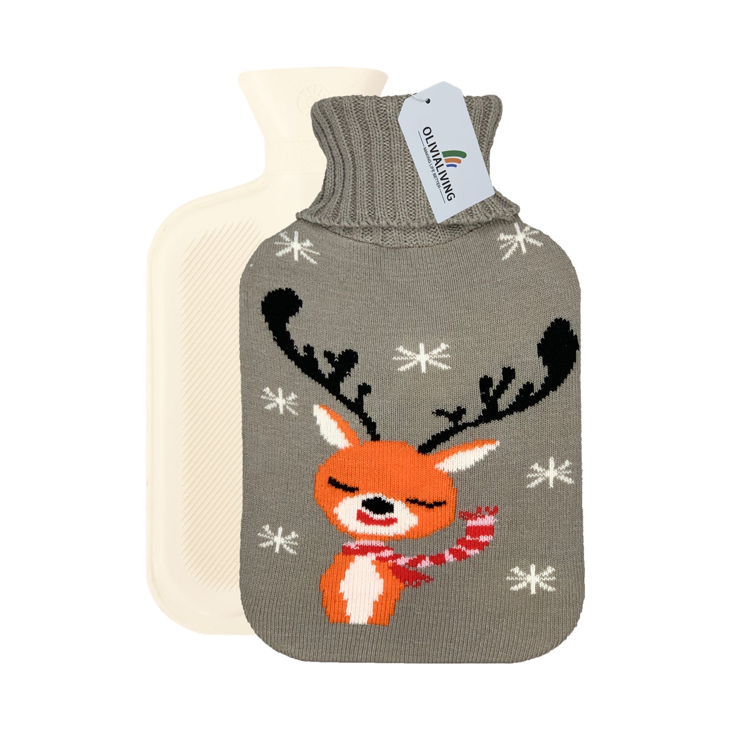 OliviaLiving Hot Water Bottle with Christmas Deer Cover for Kids, 2L