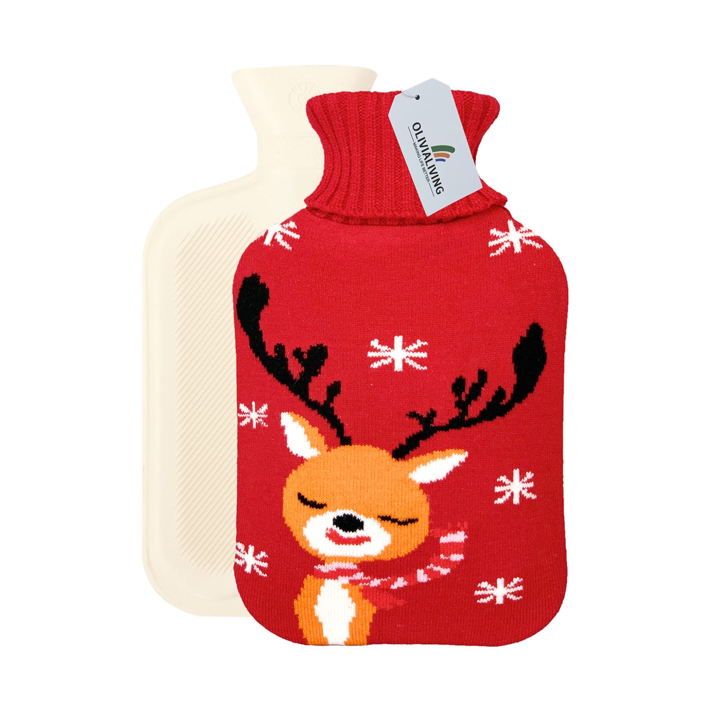 OliviaLiving Hot Water Bottle with Christmas Deer Cover for Kids, 2L