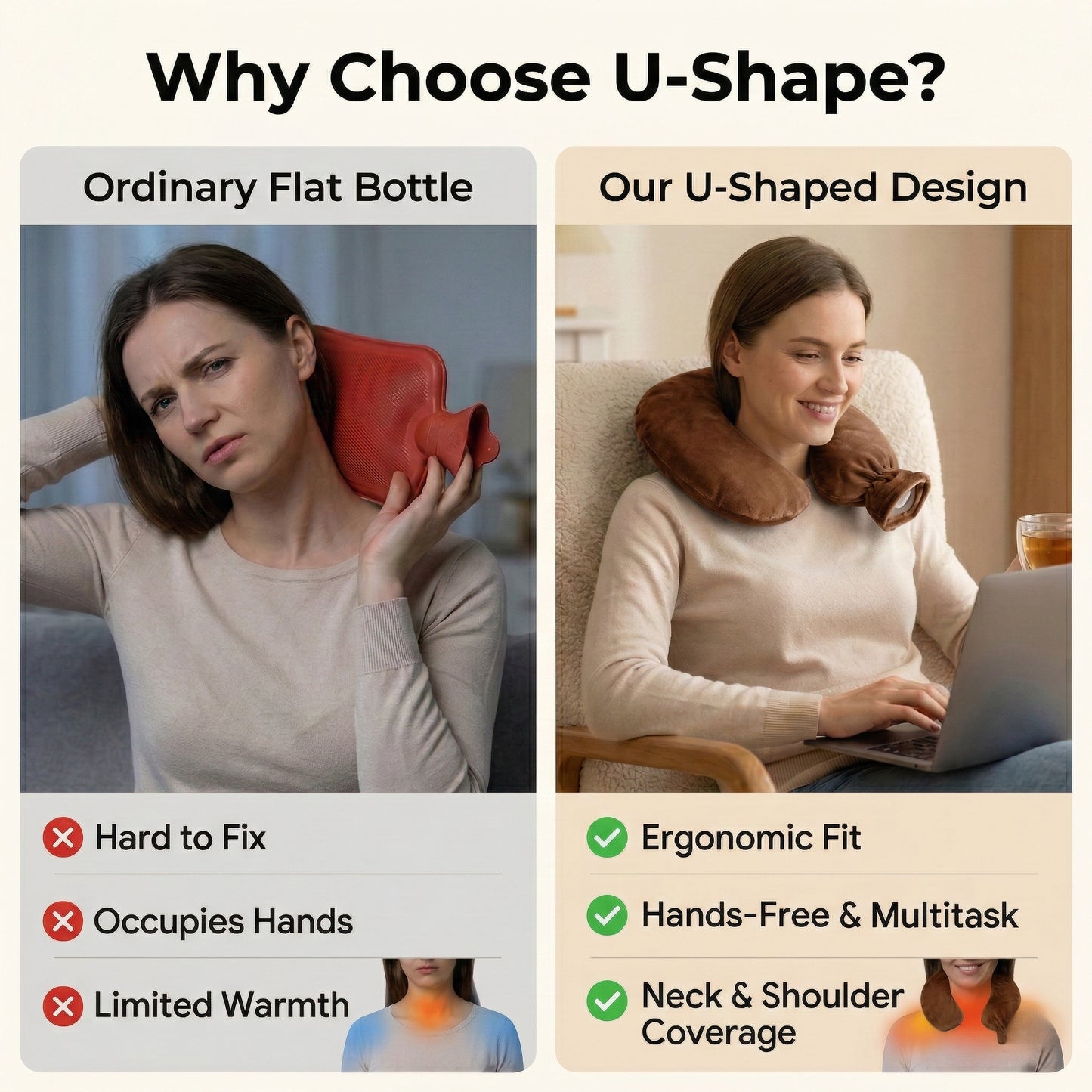 U-Shaped Hot Water Bottle with Soft Plush Cover