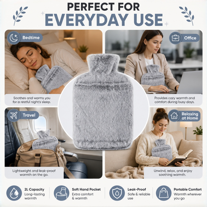 2L Hot Water Bottle with Hand Pocket & Soft Plush Cover