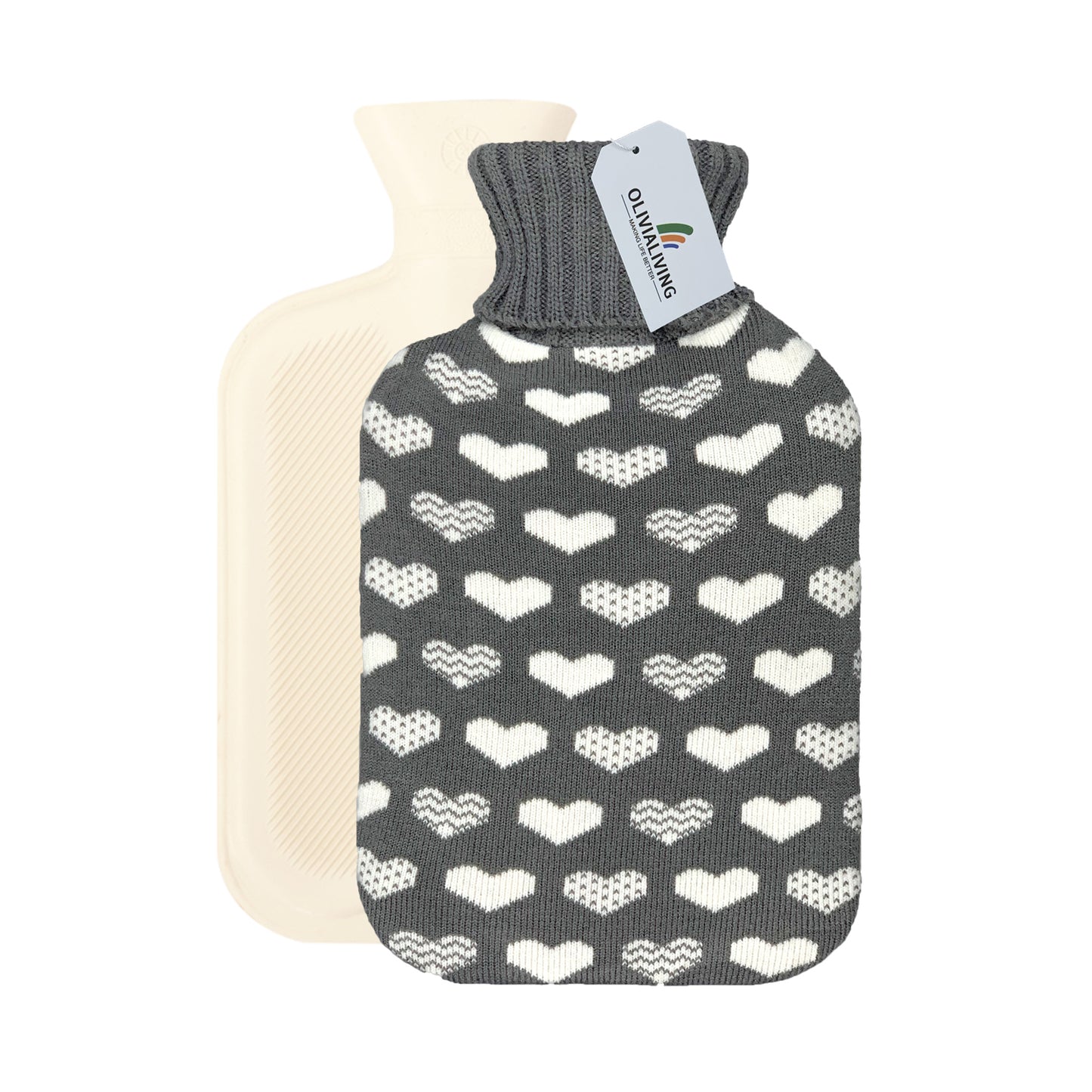 OliviaLiving Hot Water Bottle with Love Pattern Cover for Pain Relief, 2L