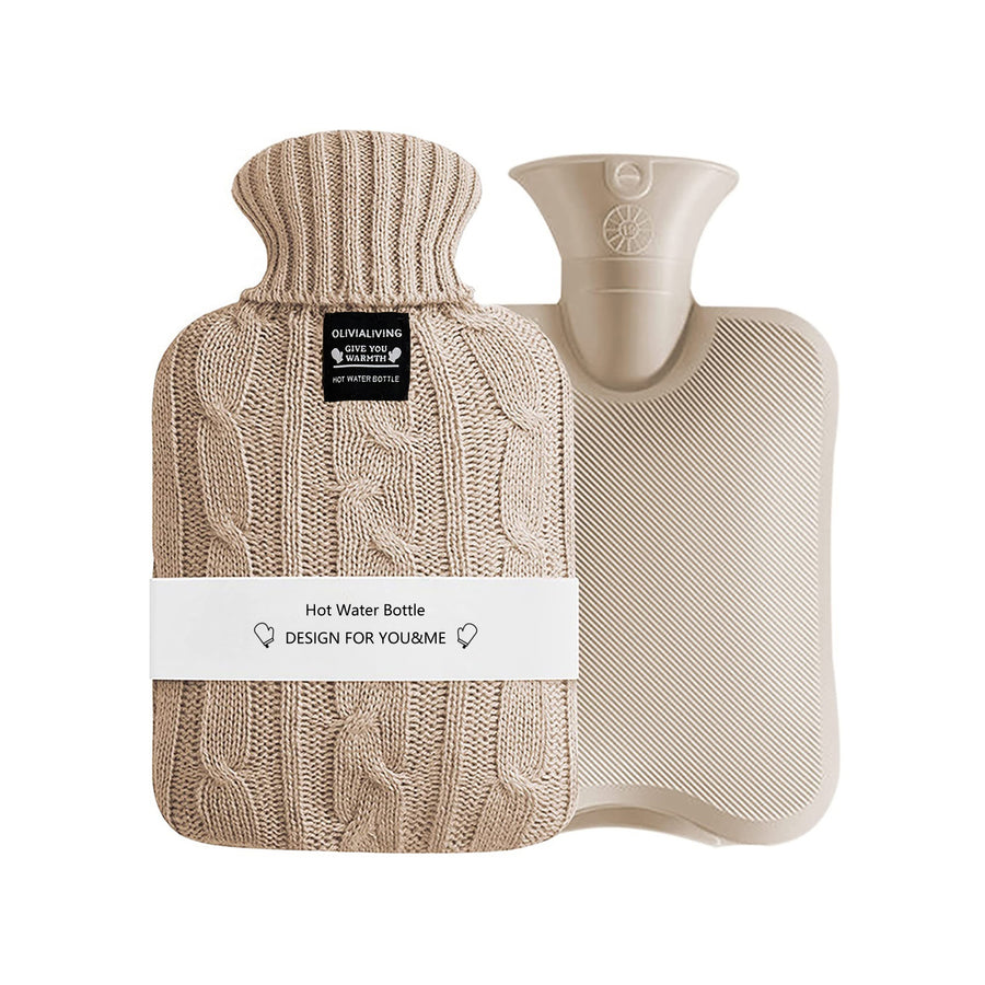 OliviaLiving 2L hot water bottle with khaki cable-knit cover and bottle shown side by side