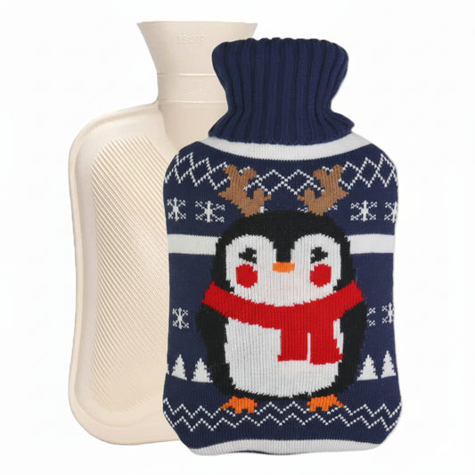 Cozy Nights Hot Water Bottle with Cute Penguin Knitted Cover for Kids, 2L