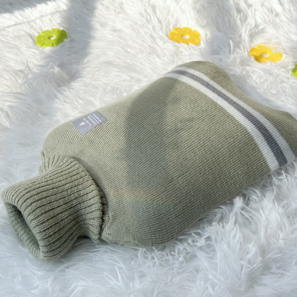 OliviaLiving Classic 2L hot water bottle in Pea Green striped cover