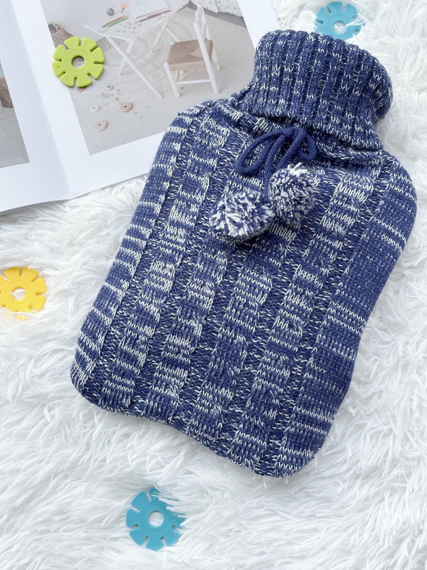 OliviaLiving blue melange 2L hot water bottle with cable-knit pom-pom cover