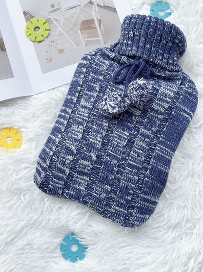 OliviaLiving blue melange 2L hot water bottle with cable-knit pom-pom cover