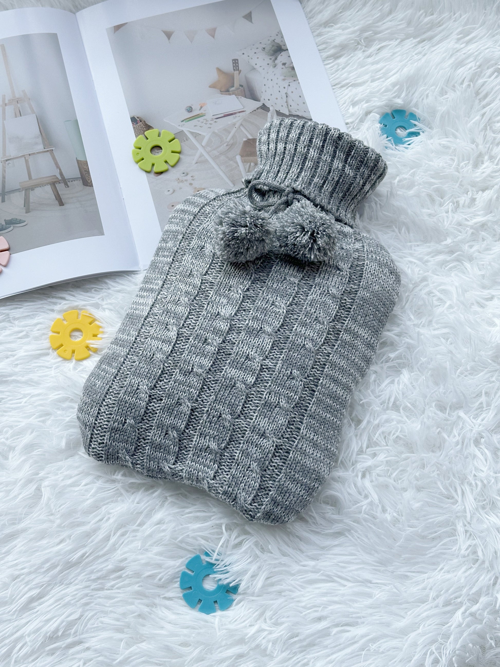 OliviaLiving light grey melange 2L hot water bottle with cable-knit pom-pom cover