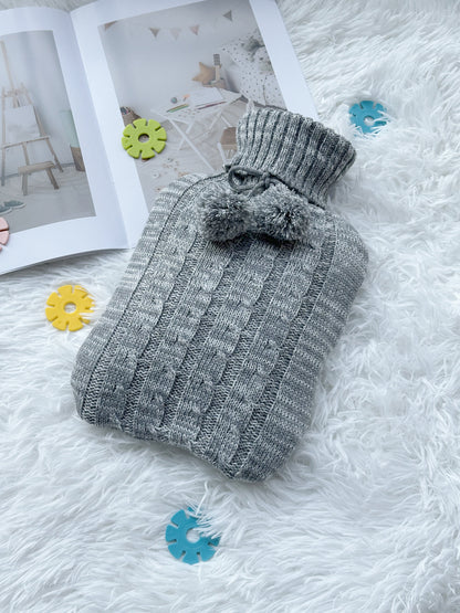 OliviaLiving light grey melange 2L hot water bottle with cable-knit pom-pom cover